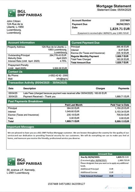 Download Luxembourg BGL BNP Paribas mortgage statement Word and PDF template Photoshop template